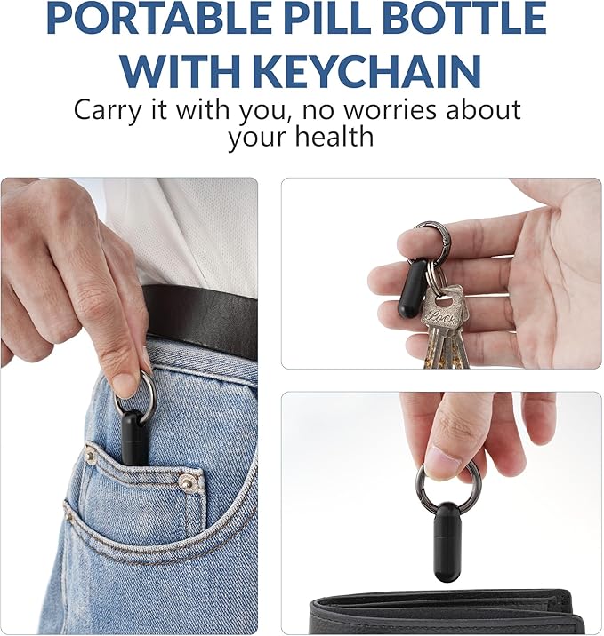 TISKY Small Keychain Pill Holder Titanium,Waterproof Tiny Pill Container with Keyring,Mini Portable Pill Case for Travel,Pill Organizer for Purse Pocket(Black)