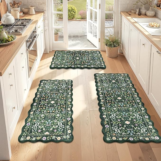 Yamaziot Anti Fatigue Kitchen Rugs Set of 3 - Boho Non Slip Waterproof Kitchen Mats for Floor, Boho Runner Rug for Kitchen Floor, Laundry, Office, 17.3"x29"+17.3"x35"+17.3"x47", Green & Black
