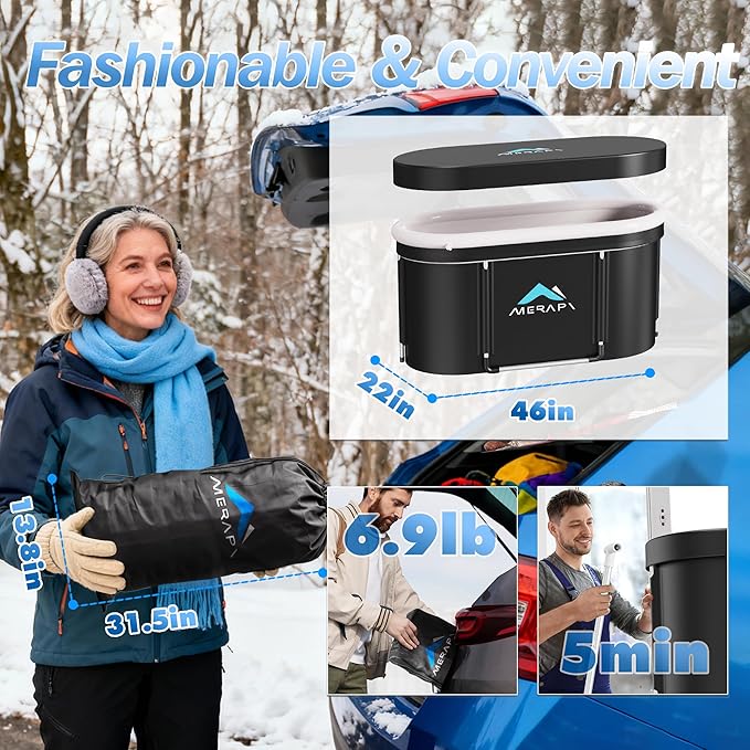 Merapi XL 131 Gal Portable Ice Bath Tub - Large Oval Cold Plunge for Athletes Recovery, Foldable Ice Bath Tub for Muscle Recovery, Home Gym, Outdoor Cold Therapy with Fast Drainage & Neck Cushion