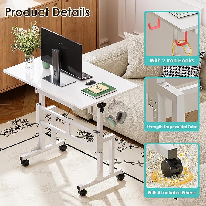 Small White Standing Computer Desk with Drawers,Height Adjustable Home Office Sit Stand Up Desk with 4 Wheels & 2 Hooks,Portable Rolling Work Study Gaming Table for Laptop Tablet Walking Pad Treadmill