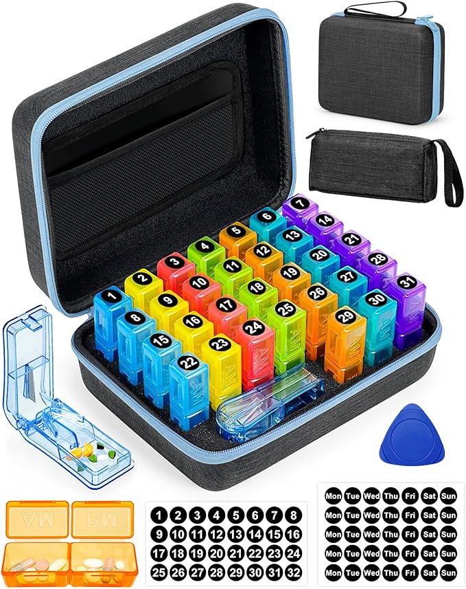 Monthly Pill Organizer 2 Times a Day with Weekly Pill Bags, Portable Hard Shell Case, Pill Cutter & Opener Pick, Monthly and Weekly Stickers for Medication Management (Blue, 2 Times a Day)