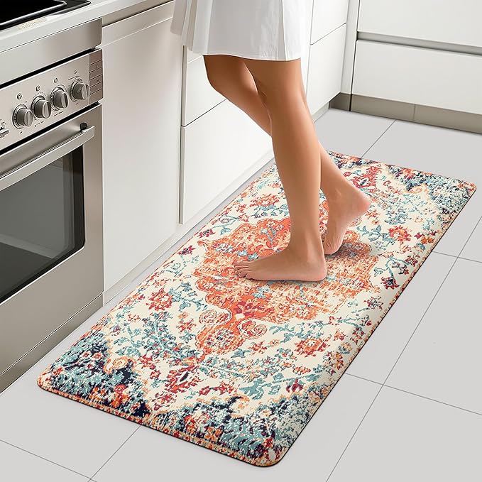 MAYHMYO Boho Kitchen Mat Anti Fatigue Ethnic Kitchen Cushioned Floor Mat Orange Blue Kitchen Rugs Non Slip Rugs for Kitchen Floor Office