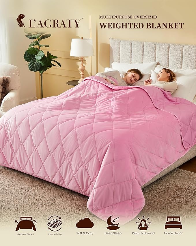 L'AGRATY Queen/King Size Weighted Blanket for Adults 30lbs, 80"x87" — Cooling Breathable Heavy Blanket with Glass Beads for Sleeping Perfect Hot Sleepers & Couples Machine Washable All-Season Pink