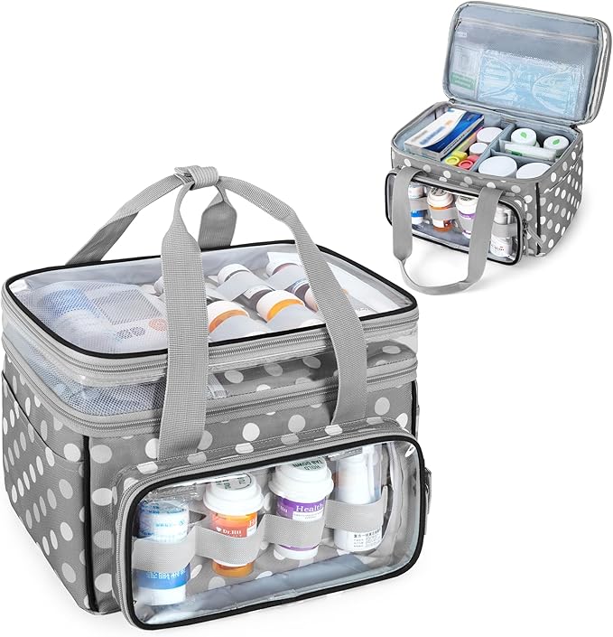 LUXJA Double-Layer Medicine Bag with Transparent Compartment, Pill Bottle Organizer with Detachable Divider (Suitable as a Home or Travel Medicine Bag), Polka Dots