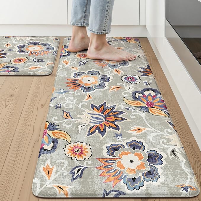 LEEVAN Anti Fatigue Mats for Kitchen Floor 2 Piece,Cushioned Memory Foam Blue Gray Kitchen Mats for Floor,Comfort Floral Boho Non Slip Kitchen Floor Mat for Sink,Laundry,Office(20"x31"+20"x47")