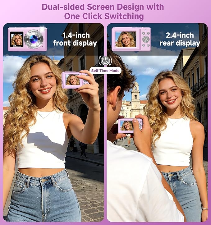 Digital Camera, 2026 Upgraded 56MP Dual Screens Camera for Selfies, 16X Zoom Small Cameras with Smile Capture 32GB SD Card, Anti Shake Compact Cameras for Boys Girls Kids Teens Adults