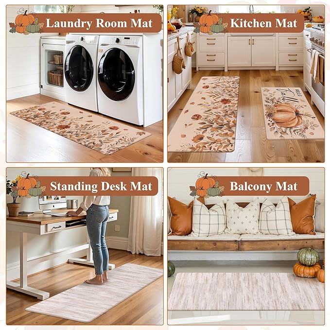U'Artlines Fall Kitchen Rugs Sets of 2, Kitchen Mats Cushioned Anti Fatigue Printed on Both Sides, Autumn Pumpkin Flowers Comfort Desk Standing Rugs for Halloween Home Fall Decoration 17"x28"+17"x47"