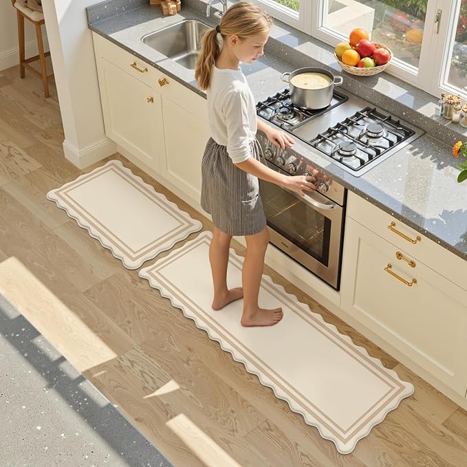 KIMODE Anti Fatigue Kitchen Mats, Beige Boho Kitchen Rugs, Padded Kitchen Mat for Floor, Comfort Standing Desk Mat, Cushioned Kitchen Mats for Floor 2 Piece for Laundry Office Sink 17"x59"+17"x29"