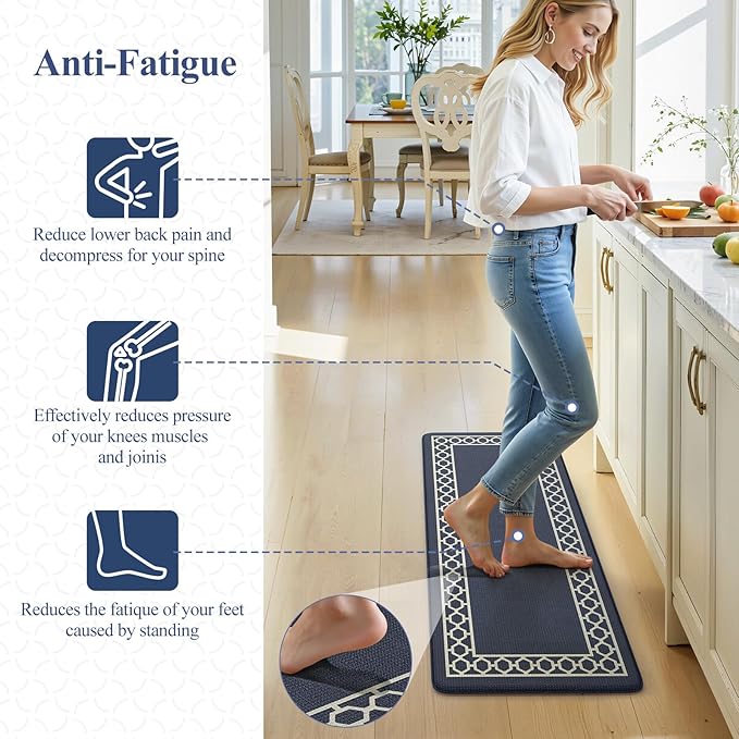 LEEVAN Kitchen Mats for Floor Set of 2,Anti Fatigue Mats for Kitchen Floor,Navy Blue Cushioned Non Slip Boho Standing Mat,Waterproof Memory Foam Comfort Kitchen Floor Mat for Sink(17"x29"+17"x47")