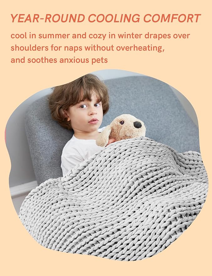 YnM Cooling Weighted Blanket, 100% Cotton Handmade Chunky Knitted Blanket, Weighted Lap, Breathable Heavy Blankets, Machine Washable Throw for Sleep or Home Decor (Light Grey, 25x35 Inch, 3lbs)
