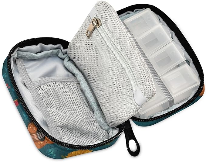 Green Fiesta Skulls Guitars Flowers Travel Pill Organizer Case Box Container Weekly Portable Vitamin Medicine Holder Storage Bag with Zipper Removable