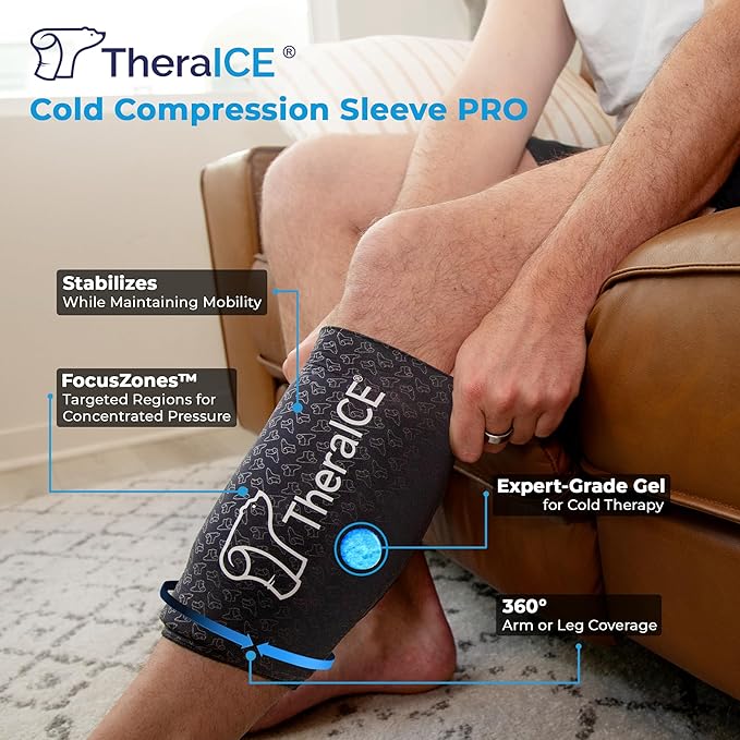 TheraICE Knee Ice Pack Wrap PRO Compression Sleeve for Injuries | Reusable Gel Cold Packs Brace Cold Wrap Recovery for Meniscus ACL MCL Surgery | FocusZone for Extra Cooling & Pressure | Women & Men