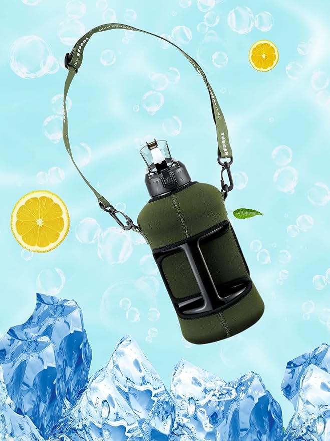youcanplato 74 oz Half Gallon Water Bottle with Sleeve-Large Water Bottle -Big Gym Water Bottle for Man or Women with Straw- Water Jug with Handle -BPA Free- Leakproof, Workout bottle,Army Green