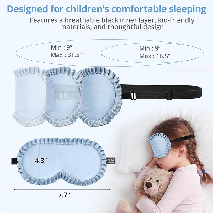 Kids Sleep Mask, 100% Real Mulberry Silk Eye Mask, Sleeping Mask for Kids with Adjustable Elastic Band, Soft & Light Blocking Eye Cover Gift for Boys Girls Teens Age 5+ (Blue)