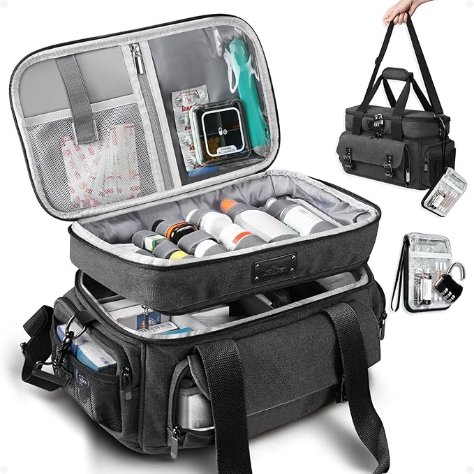 ARCFOX Medicine Storage Bag with Lock, Vintage Canvas Large Pill Bottle Organizer for Men, Double Layers Medication Storage with Portable Travel Pouch Shoulder Strap Handles, Black