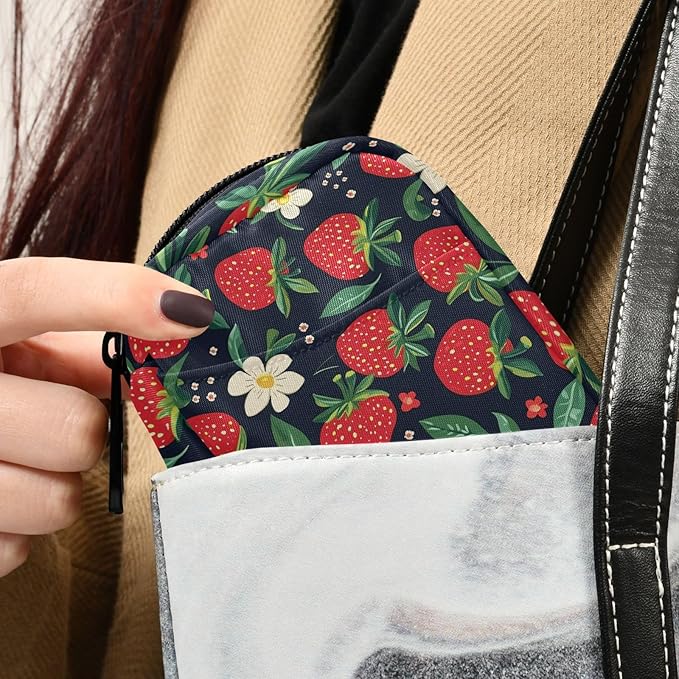 Fustylead Hand Draw Red Strawberry and Beautiful Floral Pill Organizer for Purse, Weekly Portable Pill Box with Zipper to Storage Vitamins Fish Oils Medications Supplements