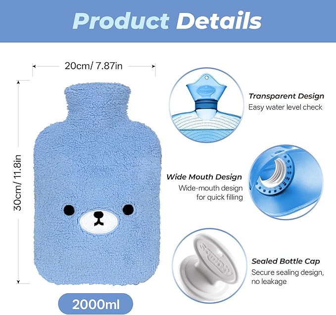 samply Hot Water Bottle with Cute Fleece Cover, Hot Water Bag for Hot and Cold Compress, Hand Feet Warmer, Neck and Shoulder Pain Relief, Light Blue Bear