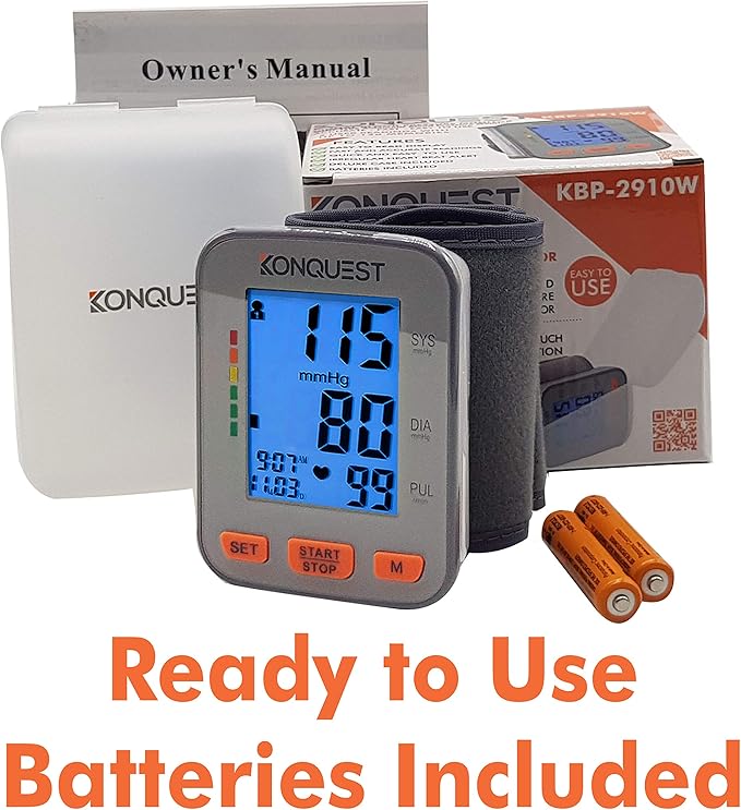 Konquest KBP-2910W Automatic Wrist Blood Pressure Monitor - Accurate - Adjustable Cuff, Large Screen Display - Portable Case - Irregular Heartbeat Detector - Tensiometro