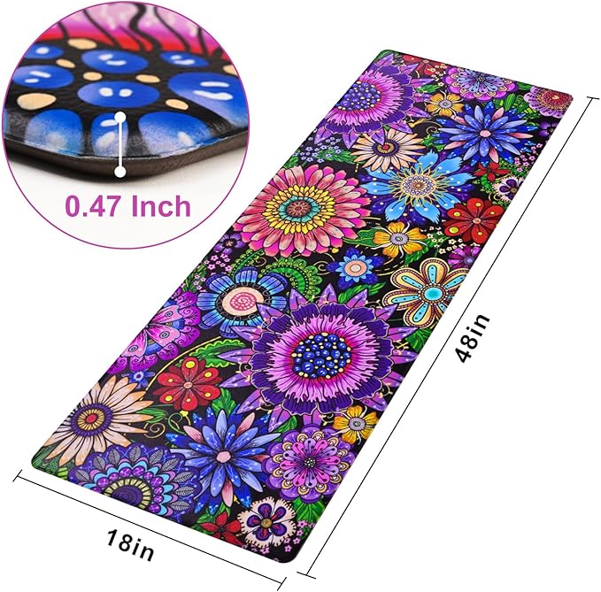 Likiyol Boho Kitchen Rugs Boho Floral Anti Fatigue Kitchen Mat for Floor Bohemian Flowers Non Slip Washable Kitchen Floor Mats, Comfort Standing Mat for Sink, Laundry, 18''x48'', 0.47" Th, Purple