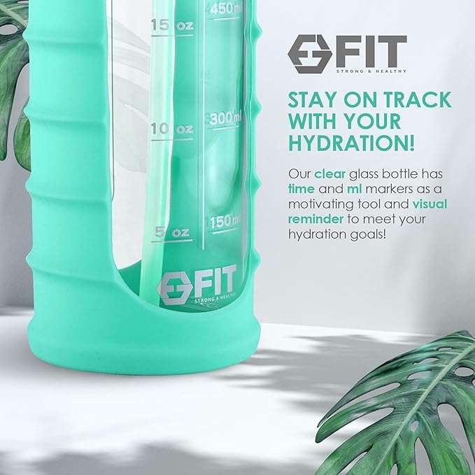 FIT Strong & Healthy 32 oz Glass Water Bottle with Straw Lid - Wide Mouth Borosilicate Glass Water Bottles with Time Marker, Silicone Sleeve & Extra Lid - 1L Large Motivational Drinking Bottle