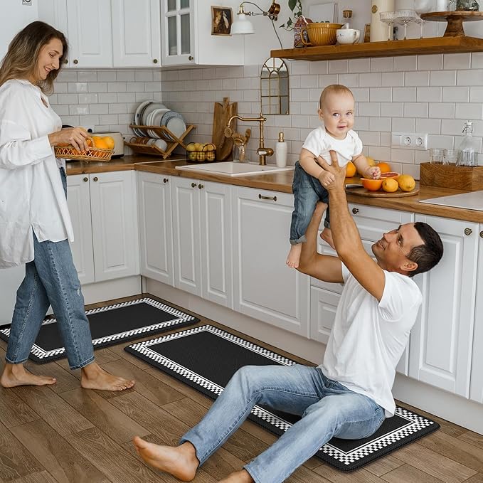 Anti Fatigue Mats for Kitchen Floor,Comfort Kitchen Mats for Floor 2 Piece,Memory Foam Kitchen Mat Non Slip,Cushioned Standing Desk Mat for Office Laundry Sink,Black