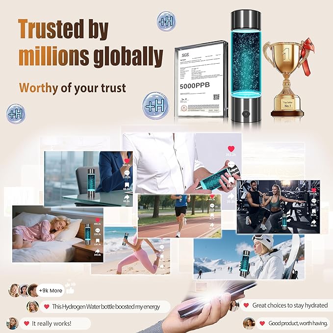 2026 New Hydrogen Water Bottle-Hydrogen Concentration up to 5000 PPB【SGS-Certified Hydrogen Generator】2026 SPE/PEM Technology Odorless Double Hydrogen Content for Sports/Home/Office/Travel HC2