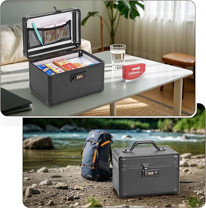 Medicine Lock Box, Lockable Storage Box for Drugs, Childproof Medication Storage with Combination Lock for Dorm/Outdoor/Home Personal Pill Organizers (Medium 11.2x7.4x6.8 Inch) Black