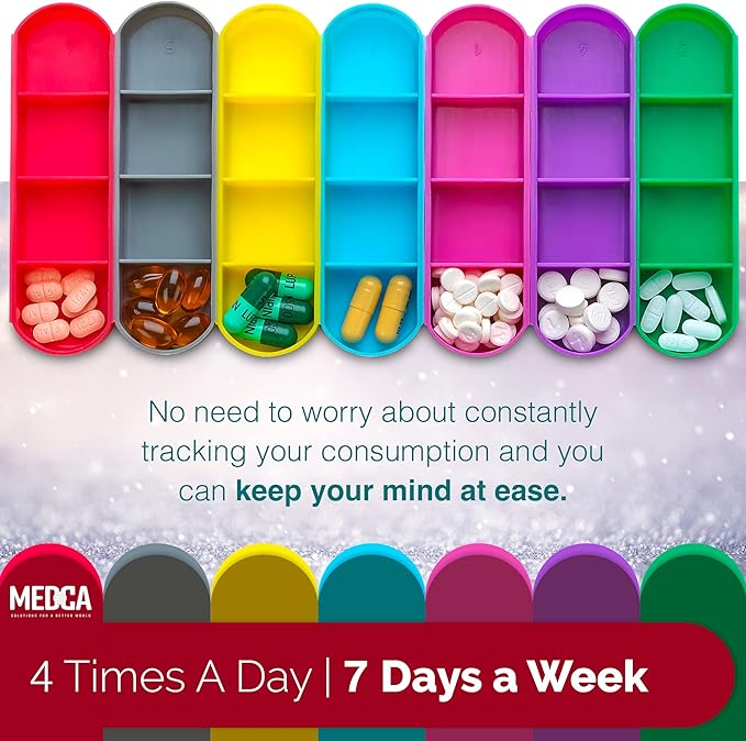 Weekly Travel Pill Organizer - (Set of 2) Medication Wallet Pill Box Reminders, Pill Container Dispenser Case, Vitamin Caddy Organizer, for 4 Times A Day, 7 Days a Week