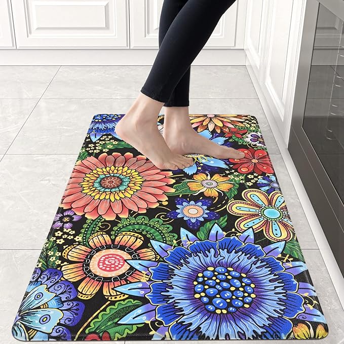 Likiyol Kitchen Rugs Boho Floral Anti Fatigue Kitchen Mat for Floor Bohemian Flowers Non Slip Washable Kitchen Floor Mats, Comfort Standing Mat for Sink, Office, Laundry, 18''x30'', 0.47" Th, Blue