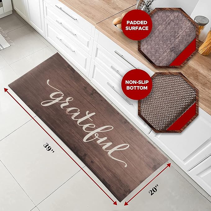 J&V TEXTILES Anti Fatigue Kitchen Mat for Floor, Embossed Themed Cushioned Kitchen Runner Rug Mat, Non Slip, Easy Wipe Clean, 1/2 Inch Thick (20x39 inches, Grateful)