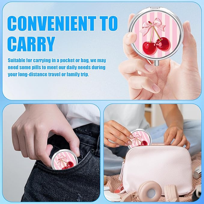 Pink Cherry Bow Pill Case, Pill Box 3 Compartments Metal Small Pill Holder with Mirror Mini Travel Pill Container for Purse Pocket Women Men