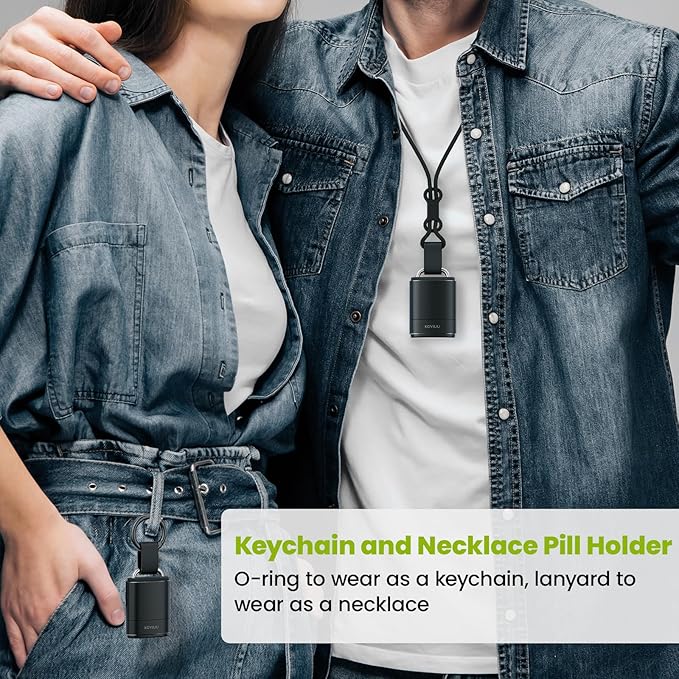 Keychain Pill Holder Necklace, KOVIUU Magnetic Pill Organizer, Aluminum Pill Case, Mini Metal Pill Box, Nitroglycerin Emergency Medicine Carrier Key Chain Container for Purse Pocket, Black