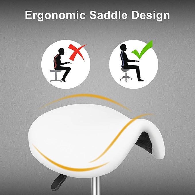 OmySalon Adjustable Saddle Stool with Footrest, Hydraulic Rolling Salon Chair, 360° Swivel Wheels Ergonomic Stool for Hair Stylists, Tattoo Artists, Office, Spa, Massage, Dental (White)