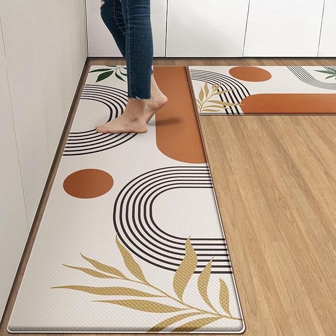 Anti-Fatigue Boho Kitchen Rug Set of 2 Cushioned Bohemian Kitchen Mats for Floor, Brown Sun Standing Mat Waterproof Non-Slip Kitchen Mats and Rugs PVC Ergonomic Foam Kitchen Decor
