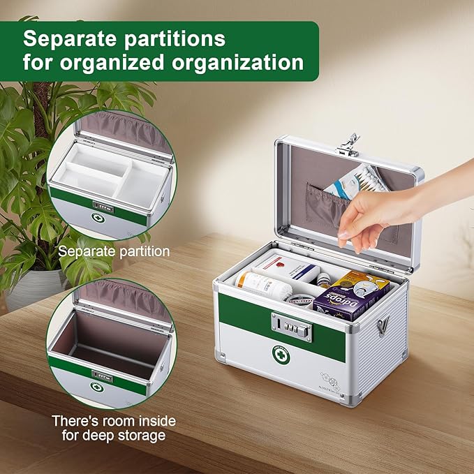 Medicine box with lock 10 x6.7x 6.7 inches [Small], Medication Lock box ，First Aid Key Safe Box with Lock, Medical Box Organizer