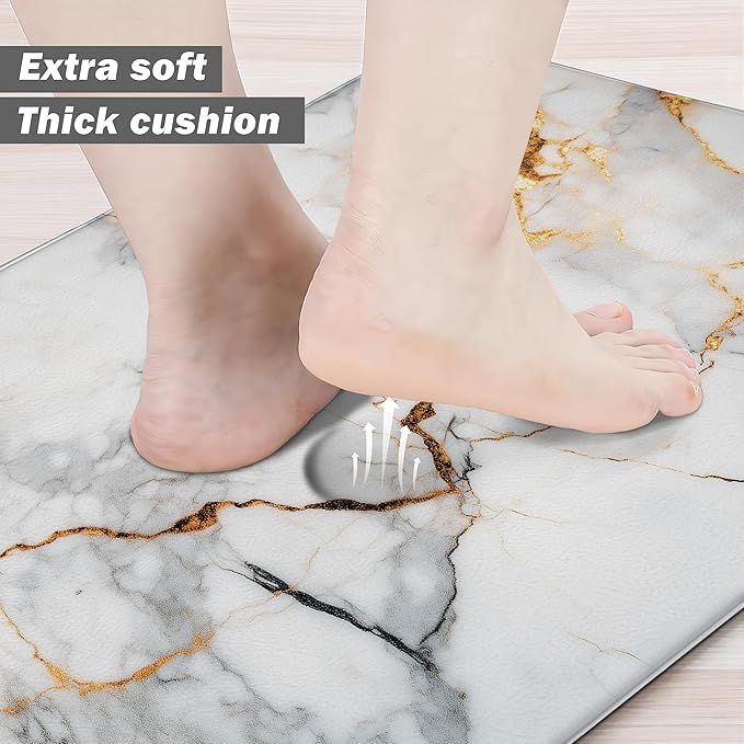 Kitchen Mats for Floor Anti Fatigue Floor Marble Cushioned Memory Foam PVC Leather Non Slip Padded Comfort Standing Rugs Set of 2, 17.3x28+17.3x47 Inch,0.4 Inch Thick