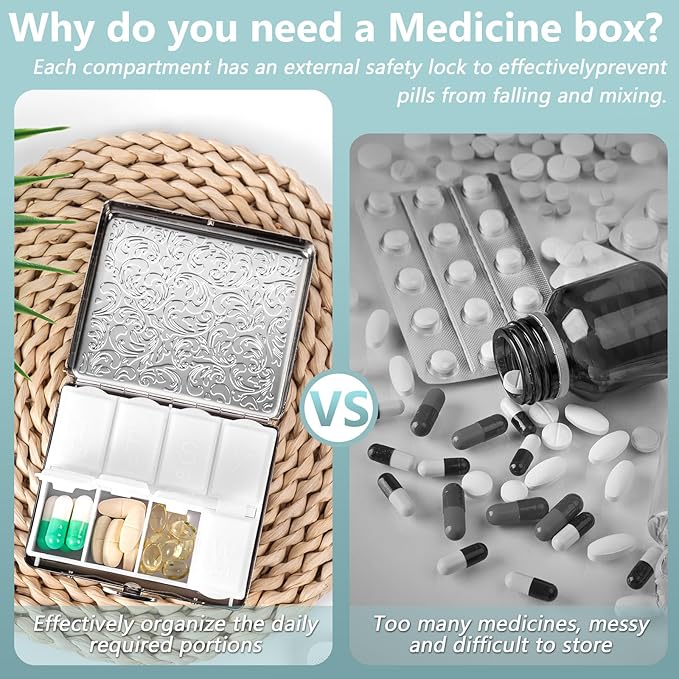 Pill Organizer 7 Days 8 Compartments, Travel Metal Pill Box, BPA-Free Portable Pill Box (Silver, Median)
