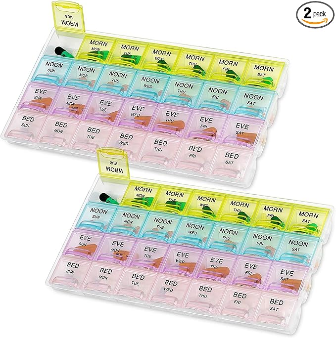 MEDca Pill Organizers - (2 Pack) Large Pill Organizer with Weekly and Daily 4-Times-A-Day Compartments for Morning, Noon, Evening, Night - BPA-Free, Portable and Travel Friendly Pill Boxes Case
