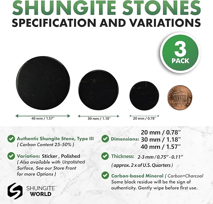 3 pcs Shungite World Authentic Shungite Stickers Set: 20, 30 and 40 mm Polished Genuine Healing Energy Stone Protection Plate for Cell Phone Case Tablet Laptop Computer Protector