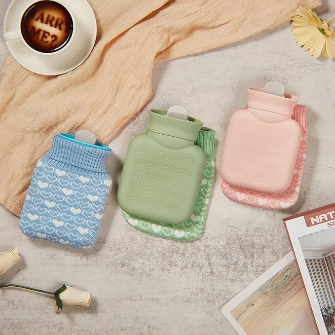 Amylove 3 Pcs Mini Hot Water Bottle for Hot & Cold Compress with Cover 320ml Silicone Microwave Heating Bottles Small Water Bag for Travel Holiday Gift(Pink, Blue, Green,Heart Print)