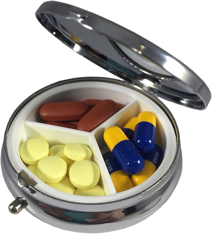 Red Hearts Silver Pill Box – Round 3-Compartment Metal Pill Organizer, Compact 2-Inch Travel Pill Case for Purse or Pocket