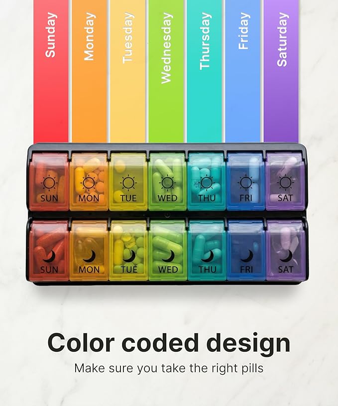 Weekly Pill Organizer 2 Times a Day, AM PM Pillbox 7 Day with Quick-Fill Bottom for Fast Weekly Refills, 14 Large Compartments for Vitamins & Supplements, Color-Coded Morning Night Medicine Case