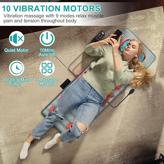 Full Body Massage Mat with Heat & Movable Shiatsu Neck Back Massager Pillow,Massage Pad with Back Lumbar Support,9 Massage Modes,10 Vibration Motors & 3 Heating Levels,for Neck Leg Pain Relief