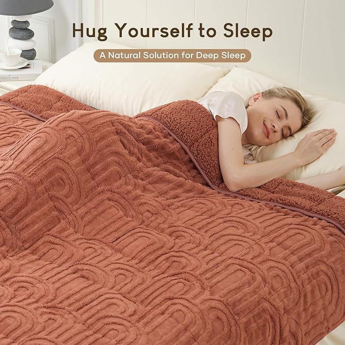 Cottonblue Jacquard Weighted Blanket for Adults 15 lbs Queen Size, Cozy Fluffy Sherpa Fleece Weighted Throw Blankets 60" x 80" for Sleep Relax, Fuzzy Warm Arch Heavy Blanket for Bed Couch, Rust Pink
