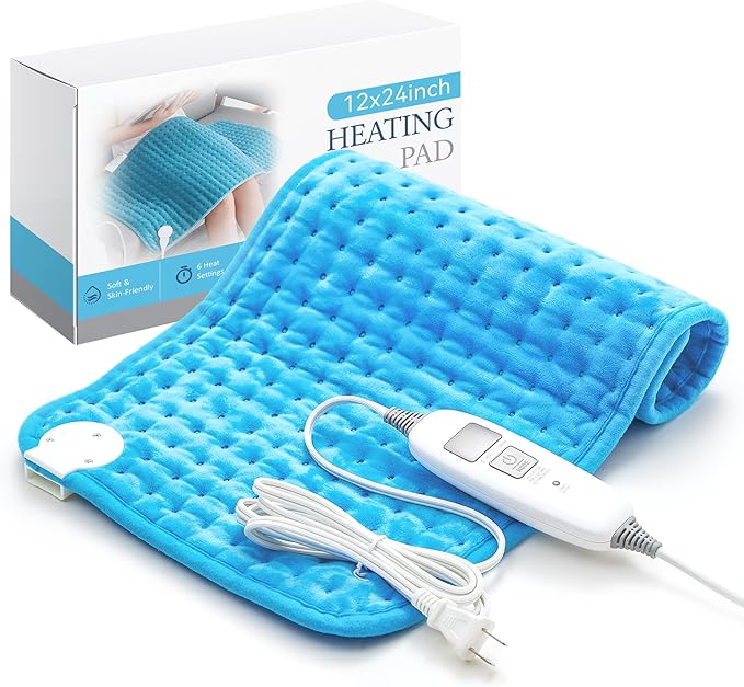Electric Heating Pad for Back Pain Relief & Cramps - 6 Heat Settings,Auto Shut Off,Moist Heat Options,Portable Heated Pads for Neck/Shoulder Machine Washable Gift for Men Women,Blue,12"x24"