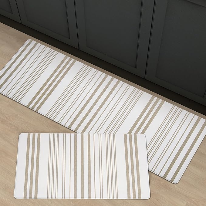 FRESHMINT Farmhouse Stripe Anti-Fatigue Kitchen Mat Set of 2, Cushioned Foam Kitchen Mats for Floor, Waterproof Non Slip Comfort Mat, Modern Kitchen Rug for Kitchen Decor, Sink, Laundry, Office