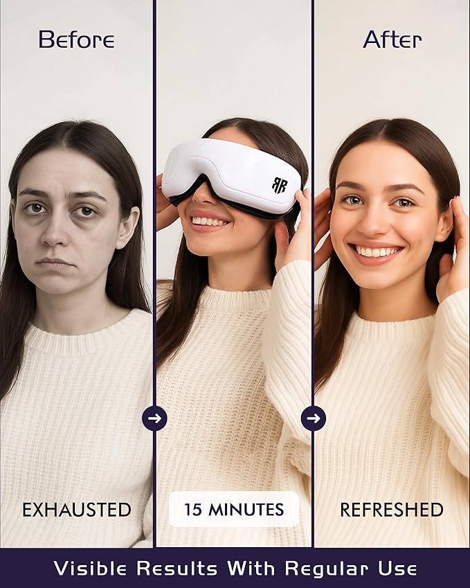 Eye Massager with Heat & Compression, 5 Massage Modes, Bluetooth Music, Foldable Massager for Eye Strain Relief, Relaxation & Better Sleep, Heated Eye Mask, Migraine Relief Device, Gifts for Women/Men