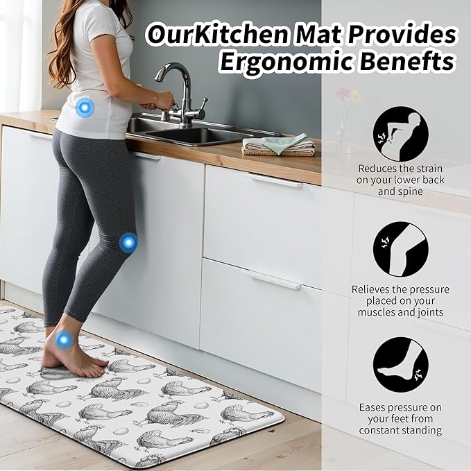 Farmhouse Kitchen Mat Rooster Rugs for Kitchen Floor Anti Fatigue Mat for Standing Desk Office Kitchen Floor Mats Non Slip Waterproof for Standing, 17.3"x 47"