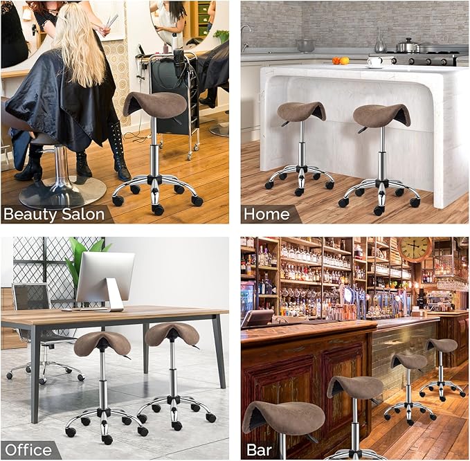 OmySalon Adjustable Saddle Stool with Footrest, Hydraulic Rolling Salon Chair, 360° Swivel Wheels Ergonomic Stool for Hair Stylists, Tattoo Artists, Office, Spa, Massage, Dental (Walnut)