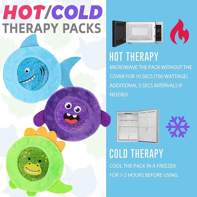 LotFancy Kids Ice Packs for Boo Boos, 3 Pack, Reusable Hot Cold Packs with Cute Plush Sleeves, Small Round Gel Pads for Injuries, Headache, Fever, Wisdom Teeth, Pain Relief, 4.75”